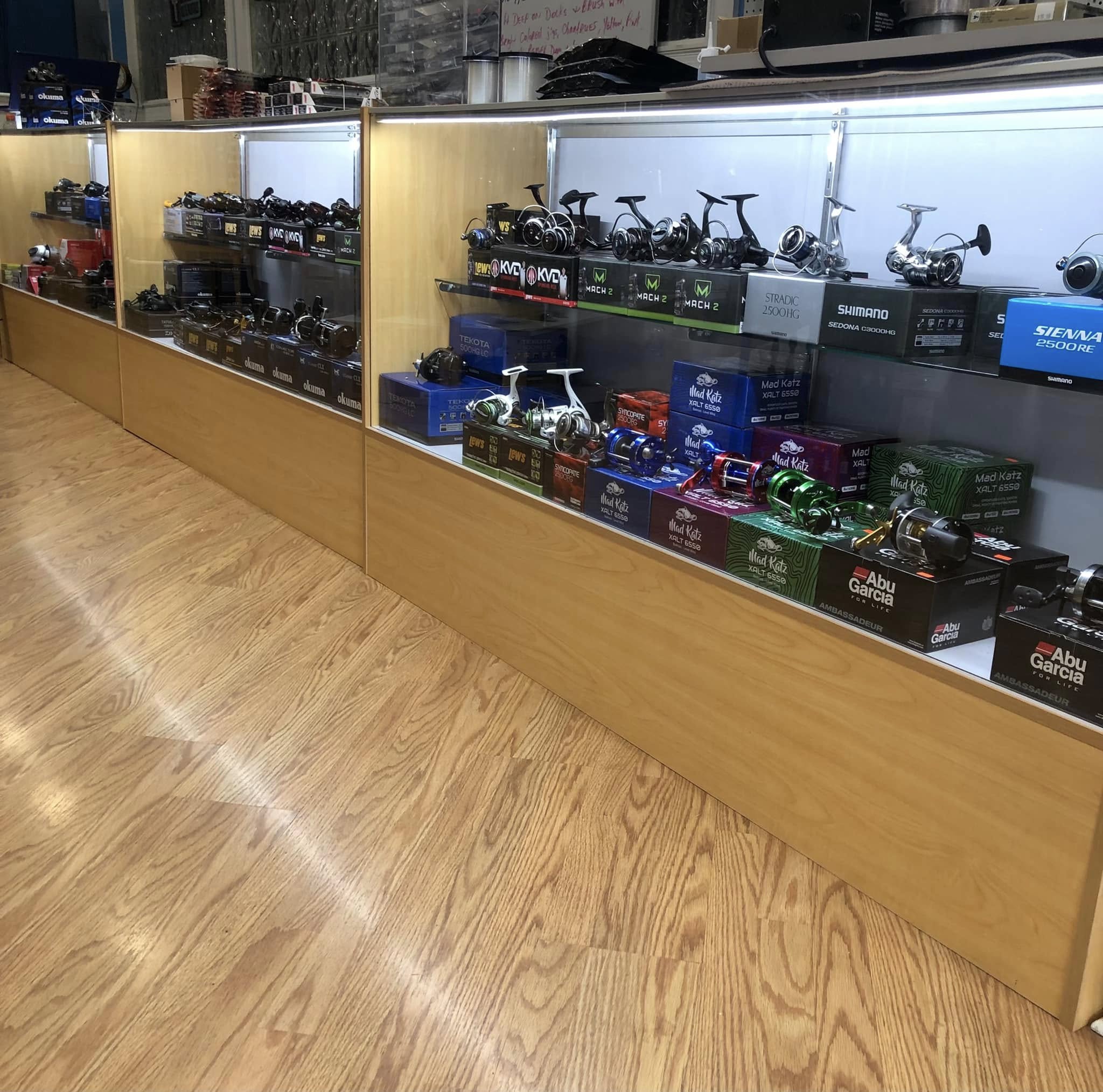 Fishing lures, rigs, and tackle stocked at the shop